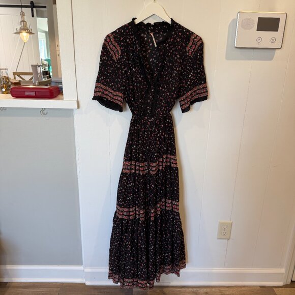 Free People Black Rare Feeling Tiered Floral Maxi Dress Size L - Picture 4 of 7